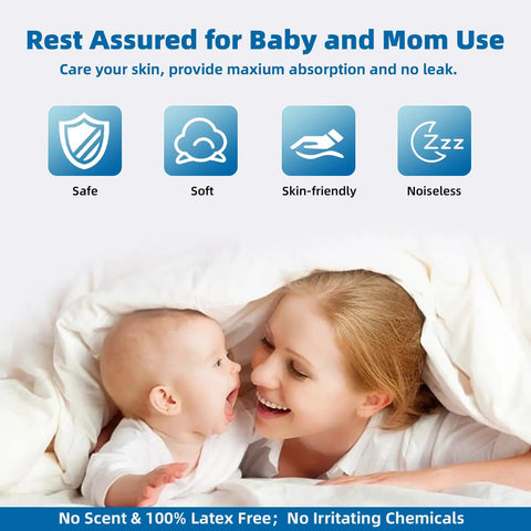 Mom and baby enjoying comfort with safe, soft, skin-friendly features of Heavy Duty Hassle Free Disposable Bed Pads For Dogs And Adults Super Soak Up Waterproof Training Sheets Leak Locked Backers Odor Blocking Shield 150 Count Pack.