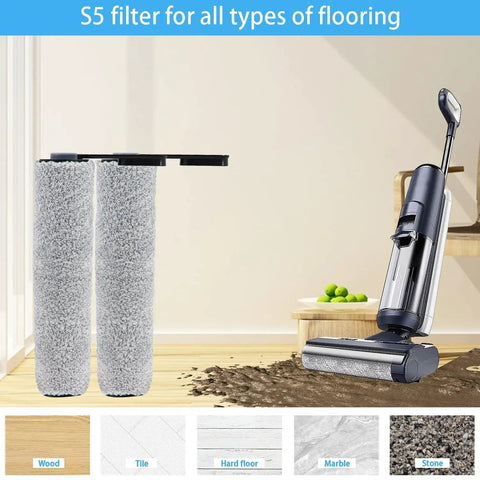 Replacement Roller Brush And Filters Kit For Tineco Floor One S5 And S5 Pro 2 Cordless Wet Dry Vacuum Cleaner displayed with vacuum and flooring options.