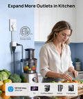 Low Profile Flat Outlet Extender With Six Inch Cord Dead Simple Plug In For Tight Squeeze Spots Behind Bed Frames Flush Wall Design Featuring Three Sided Outlets And Etl Certified Power Distribution in a kitchen setting with food prep.