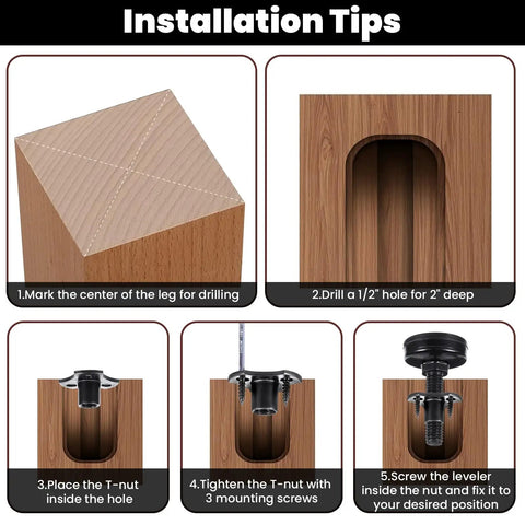 Installation tips for Badass Heavy Duty Furniture Levelers showing drilling and T-nut placement steps.