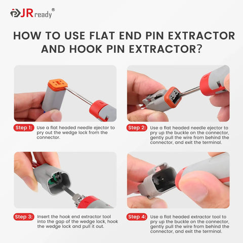 Instructions using 6 Piece Deutsch Pin Removal Tool Kit for DT DTP DTM HDP20 HD30 DRC Series Connectors pin extractor tools