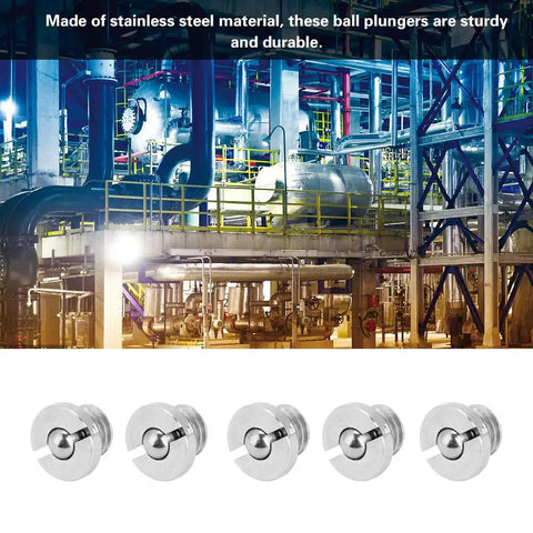 Heavy Duty Stainless Steel Ball Plungers M5x5 Flanged Threaded Spring Plunger 5 Pack arranged in a manufacturing setting.