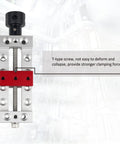 Beefy Pro Grade Mini CNC Router Vise Clamp With Right Angle Base, showing red T-type screw for high precision hold down.