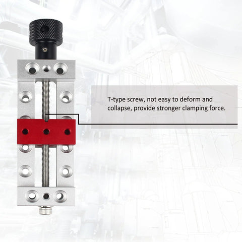 Beefy Pro Grade Mini CNC Router Vise Clamp With Right Angle Base, showing red T-type screw for high precision hold down.