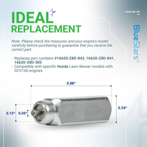 Thermowax Thermo Wax Assembly Direct Fit Replacement For Honda Mowers And Trimmers GCV160 engine part with dimensions and part numbers.