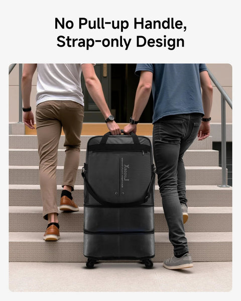 Front view of LUGGEX black expandable wheeled luggage with spinner wheels and top carry bag.