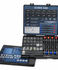 Trusted 37 Piece Glasses Repair Kit For Specs And Shades Featuring Precision Screwdrivers Micro Screws Silicone Nose Pads Tweezers Compact Fixing Tools Ready For Everyday Carry Road Trips Or Quick Fixes On The Fly, opened case showing tools and parts.