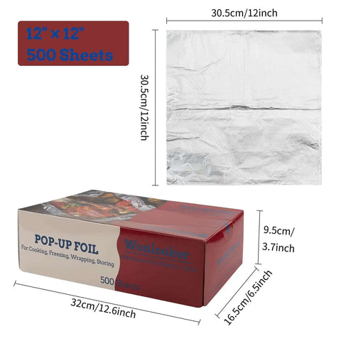 Box of Heavy Duty Aluminum Foil Sheets 500 Pop Up Interfolded 12 By 12 Inch, shown with one unfolded sheet, ideal for cooking and storage.