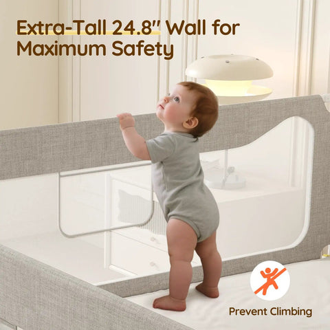 Toddler standing next to Queen Size Three Sided Toddler Bed Rail Guard With Dual Button Safety Lock Adjustable For Baby And Kids