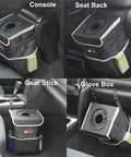 Waterproof Car Trash Can With Lid and Storage Pockets Two Point Five Gallon Capacity Leak Proof Interior in various car placements.