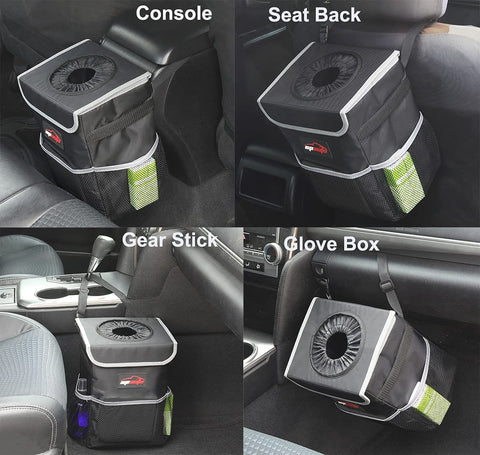 Waterproof Car Trash Can With Lid and Storage Pockets Two Point Five Gallon Capacity Leak Proof Interior in various car placements.