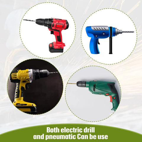 Collage of electric and pneumatic drills in red, blue, yellow, and green colors