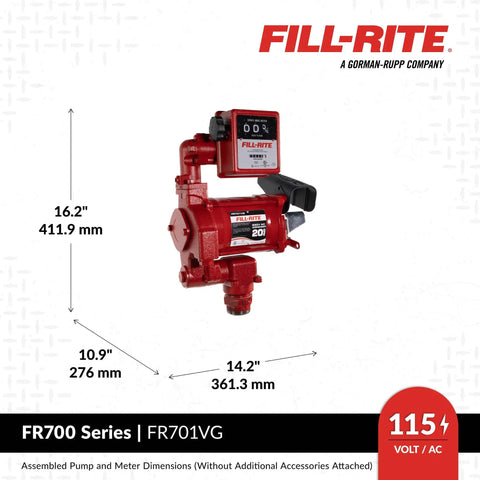 Built Like A Tank This Cast Iron Fuel Transfer Pump Packs 220 Volt Muscle To Shift 20 Gallons Per Minute Without Breaking A Sweat Arrives With A Twelve Foot Hose And Rugged Manual Nozzle For Tough Sites, showing red cast iron pump and meter dimensions.