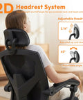 Comfy High Back Mesh Desk Chair With Foot Rest And Wheels For Ergonomic Support, shown with 2D adjustable headrest system