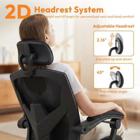 Comfy High Back Mesh Desk Chair With Foot Rest And Wheels For Ergonomic Support, shown with 2D adjustable headrest system