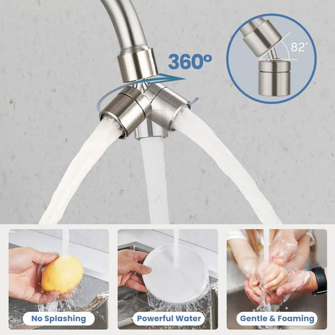 Workhorse Wall Mount Kitchen Faucet With 8 Inch Centers, Double Handles, 360 Degree Swivel Spout, Brushed Nickel, Water Flow