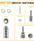 Detailed view of Trailer Jack Drill Adapter One Half Inch Stainless Steel Socket For One Inch Drive Jacks Lets You Use Cordless Drills And Impact Wrenches One Quarter Inch Hex Shank RV Camper Stabilizer Jack Tool showing complete kit components and dimensions.
