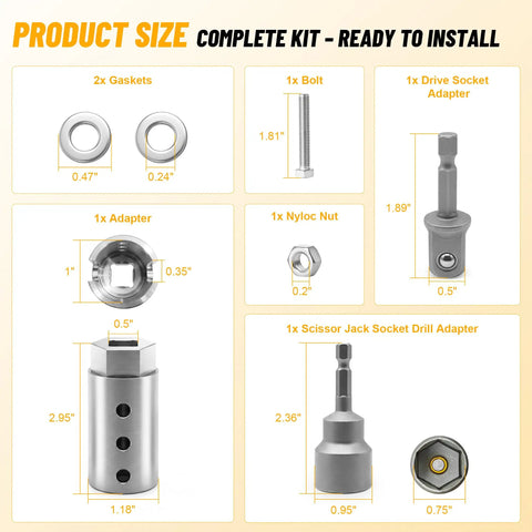 Detailed view of Trailer Jack Drill Adapter One Half Inch Stainless Steel Socket For One Inch Drive Jacks Lets You Use Cordless Drills And Impact Wrenches One Quarter Inch Hex Shank RV Camper Stabilizer Jack Tool showing complete kit components and dimensions.