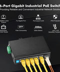 Industrial Din Rail PoE Switch With Four Gigabit PoE Ports, One Uplink, One SFP, IEEE 802.3af/at, in metal enclosure