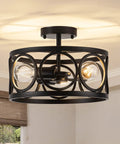Three Light Semi Flush Mount Ceiling Fixture In Black Metal Farmhouse Chandelier For Dining Room Kitchen Living Room Hallway Foyer And Bedroom Modern Drum Light Close To Ceiling, showing round black metal frame with three exposed bulbs.