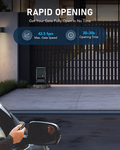 Heavy Duty Sliding Gate Opener for 40 Ft Gates Up To 1400 Lb With 280W Chain Drive, shown opening with remote control