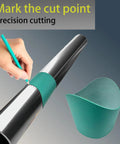 Hand using Pro Grade Pipe Saddle Template Cutting Guide Kit 11 Pieces For Plumbing And Metal Fabrication to mark pipe.