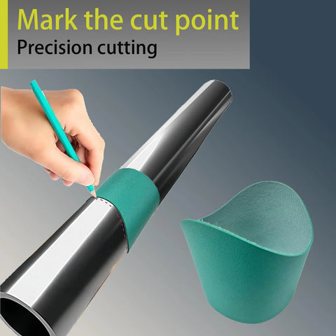 Hand using Pro Grade Pipe Saddle Template Cutting Guide Kit 11 Pieces For Plumbing And Metal Fabrication to mark pipe.
