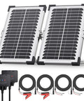 Two Pack 15W Solar Battery Maintainer With Smart Controller, 2x7.5W Panels, Waterproof 12V And 24V Charger, cables visible