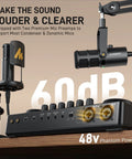 Podcast Gear Bundle With Dual XLR Inputs And USB C Audio Interface Mixer, featuring premium mic preamps and phantom power.