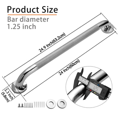 Two Pack 24 Inch Stainless Steel Shower Grab Bars, 1.25 Inch Diameter, Anti Slip Handicap Safety Rails For Seniors, Durable 304 Stainless, Easy Grip Bathroom Shower Support Bars with measurements