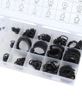 Open box of 300 Piece E Clip Retaining Rings Set, External Circlips Assortment 2-32mm, showing organized metal C clips.