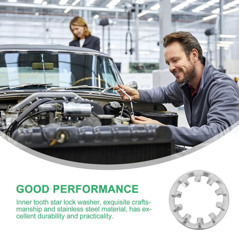 Man repairing car engine with Stainless Steel Internal Tooth Lock Washers Set Featuring Star Shaped Serrated Washers 300 Piece Assortment