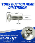 Dead Tight Torx Security Machine Screws Crafted From Rust Resistant Stainless Steel featuring tamper resistant button heads, #6-32 x 1/2".