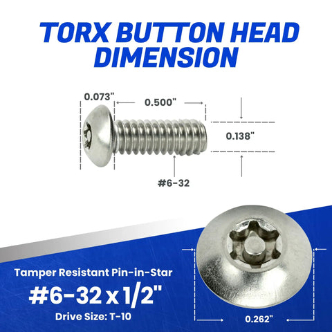 Dead Tight Torx Security Machine Screws Crafted From Rust Resistant Stainless Steel featuring tamper resistant button heads, #6-32 x 1/2".