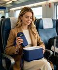 Woman holding Cooler Travel Case With Digital Temperature Display On The Go Compact Insulated Bag, ideal for commute use