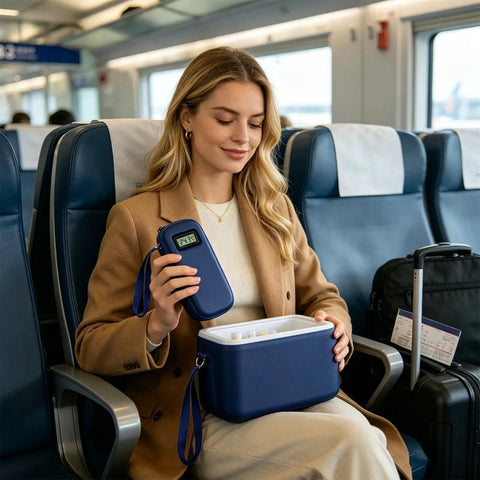 Woman holding Cooler Travel Case With Digital Temperature Display On The Go Compact Insulated Bag, ideal for commute use