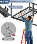 3x6 Ft Overhead Garage Storage Rack With Adjustable 26 To 40 Inch Height Heavy Duty Metal Ceiling Organizer 450 Lb Weight Capacity Easy One Person Install Durable Rack System For Sky High Storage being installed by one person on a ladder.