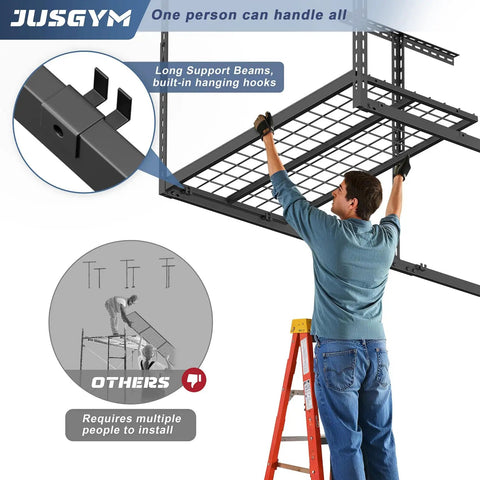3x6 Ft Overhead Garage Storage Rack With Adjustable 26 To 40 Inch Height Heavy Duty Metal Ceiling Organizer 450 Lb Weight Capacity Easy One Person Install Durable Rack System For Sky High Storage being installed by one person on a ladder.