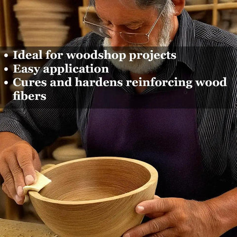 Person applying Straight Up Top Shelf Refined Walnut Oil For Wooden Kitchen Items And Cutting Boards 9 Fl Oz on a wooden bowl.