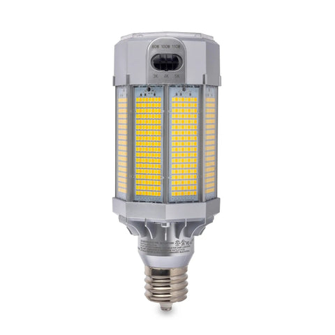 Built Different Heavy Duty LED Post Top Light, Wattage Selectable 80W 100W 110W, showing EX39 Mogul Base bulb with dimmable features.