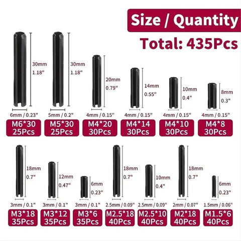 435 Piece Slotted Spring Roll Pin Set Black Oxide Finish For Machinery And Auto Repair Durable Dowel Kit For Engines