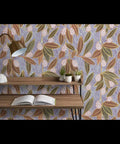 Top Shelf Hand Drawn Botanical Vinyl Wallpaper Featuring Subtle Leather Texture Hella Durable Commercial Wallcoverings Custom Printed Fresh On Demand Paste The Wall Setup For Rooms And Offices with a stylish desk and lamp.