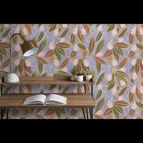 Top Shelf Hand Drawn Botanical Vinyl Wallpaper Featuring Subtle Leather Texture Hella Durable Commercial Wallcoverings Custom Printed Fresh On Demand Paste The Wall Setup For Rooms And Offices with a stylish desk and lamp.