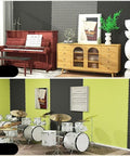 Top Tier Self Adhesive Acoustic Foam Panels Sick Soundproofing Tiles For Home Studio And Music Room Wall Sound Dampening Pads Low Odor Polyurethane Egg Crate Design Mat Black displayed in a music room with piano and drums.