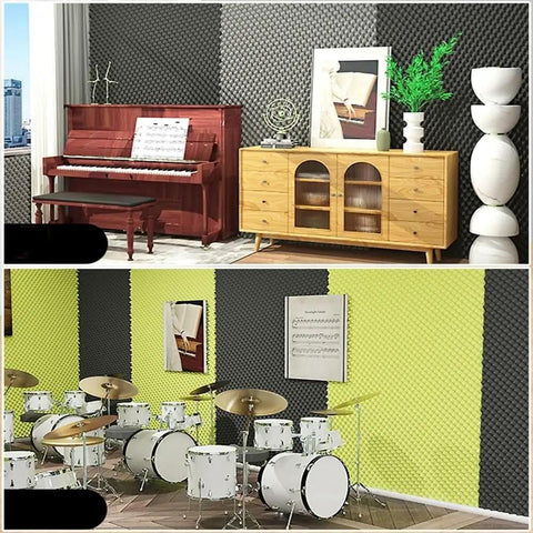 Top Tier Self Adhesive Acoustic Foam Panels Sick Soundproofing Tiles For Home Studio And Music Room Wall Sound Dampening Pads Low Odor Polyurethane Egg Crate Design Mat Black displayed in a music room with piano and drums.