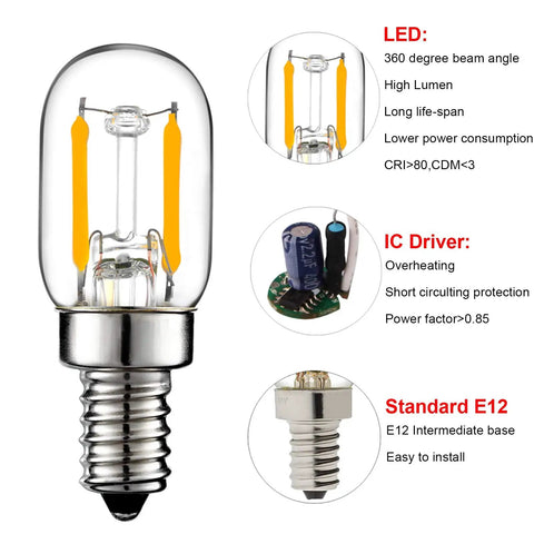 E12 LED Night Light Bulbs 1W Equal 15W 150 Lumen 2700K Warm Glow For Himalayan Salt Lamps T22 T7 Base with technical details