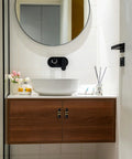 Bathroom with wooden cabinet featuring Two Pack Square Black And Gold T Bar Cabinet Handles Stainless Steel, modern style.