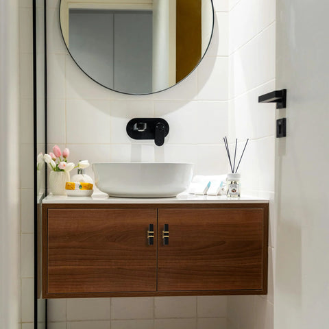 Bathroom with wooden cabinet featuring Two Pack Square Black And Gold T Bar Cabinet Handles Stainless Steel, modern style.