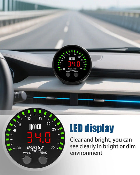 Turbo Boost And Vacuum Gauge Kit With LED Digital Display For Cars Trucks And ATVs 2 1/16 Inch 52mm Unit 1/8 NPT Electronic Pressure Sensor And Mounting Bracket Boost To 35 PSI Vacuum -30 To 0 InHg Red LED Readouts on car dashboard