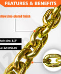 Close-up of G80 Heavy Duty Transport Binder Chain Half Inch By 20 Foot With Clevis Grab Hooks, 12,000 Lbs Safe Working Load